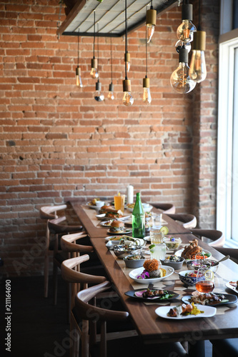 Restaurant table full of food