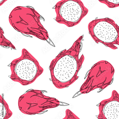 Tropical exotic fruit dragon fruit. Hand draw vector seamless pattern.