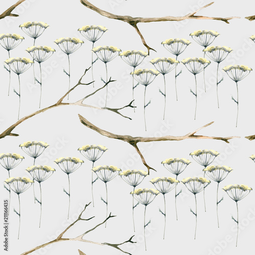 Field dry grass and branch. Dry flower. Watercolor seamless texture on a light gray background.
