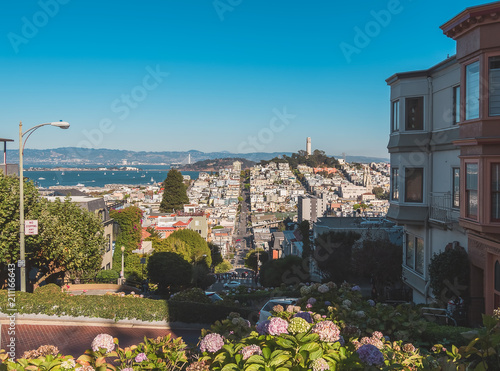 Photography Lombard Street, famous for its narrow curves and view of a part of the city of San Francisco, and its bay