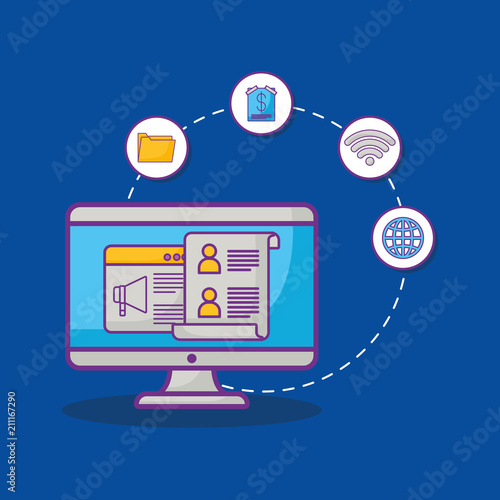 Online advertising design with computer and related icons around over blue background, colorful design. vector illustration
