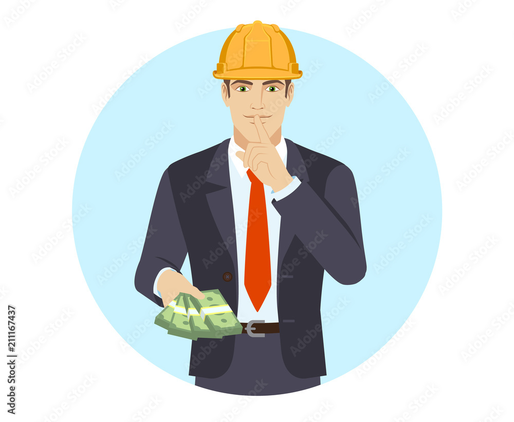 Businessman in construction helmet with money making hush sign Businessman in construction helmet with money making hush sign