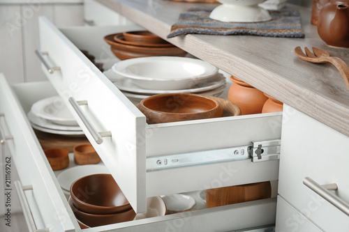 Drawers with different kitchenware