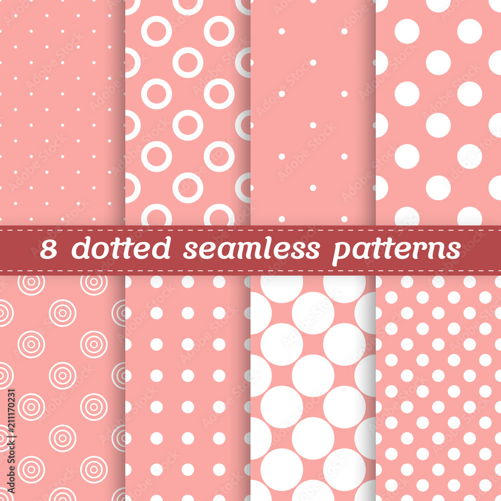 Set of 8 vector seamless dotted patterns in coral pink color Set of 8 vector seamless dotted patterns in coral pink color