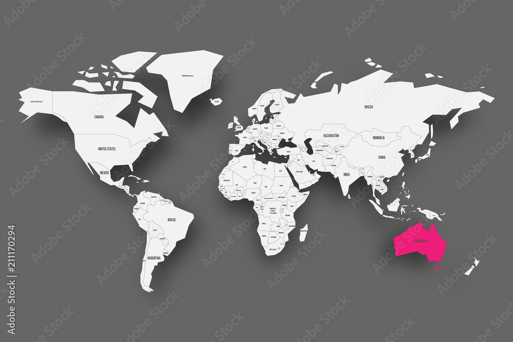 Australia pink highlighted in map of World. Light grey simplified map with dropped shadow on dark grey background. Vector illustration.