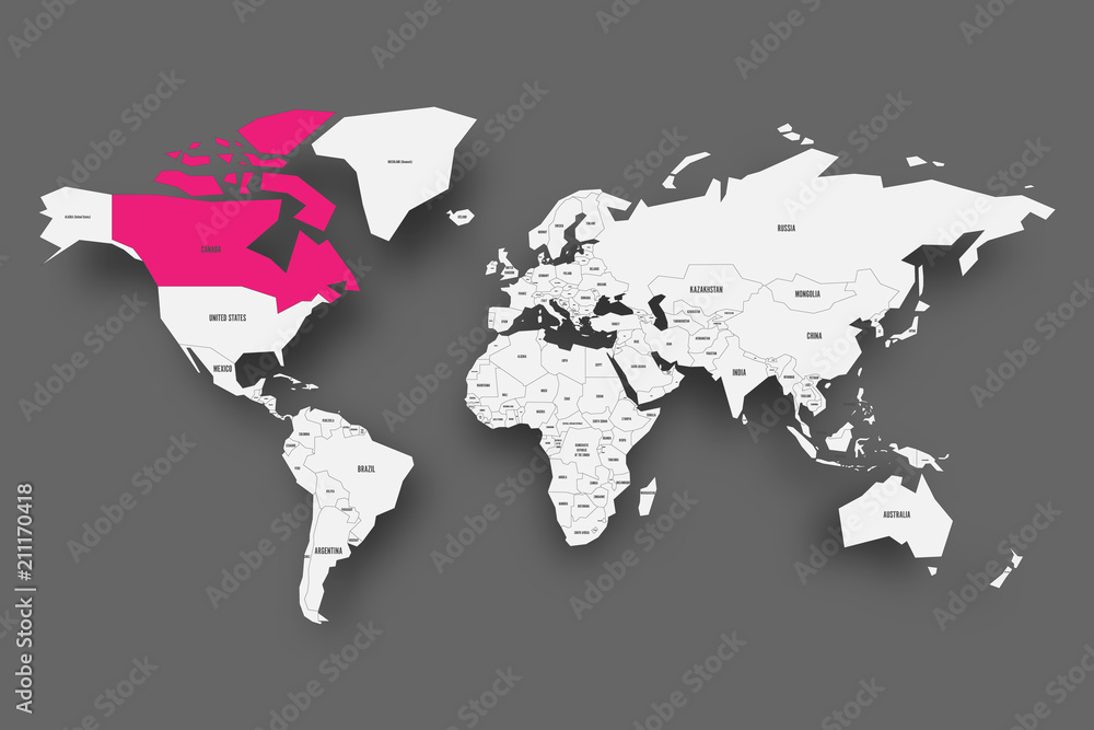 Canada pink highlighted in map of World. Light grey simplified map with dropped shadow on dark grey background. Vector illustration. Canada pink highlighted in map of World. Light grey simplified map with dropped shadow on dark grey background. Vector illustration.