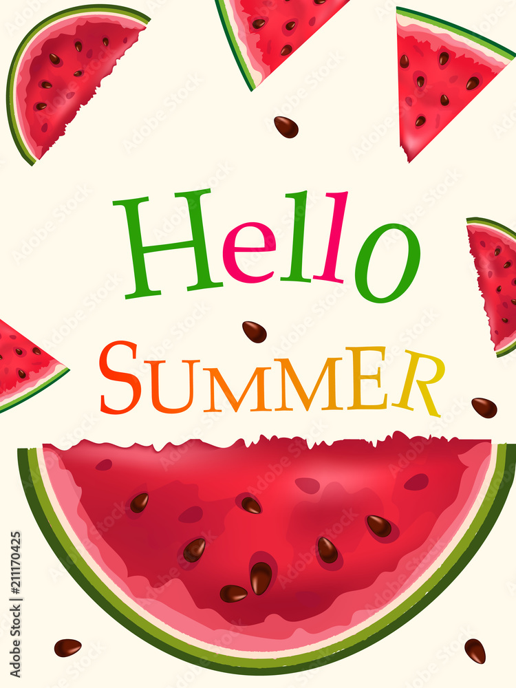 Hello summer. set of greeting card lettering design with colorful watermelon fruit. Hello summer. set of greeting card lettering design with colorful watermelon fruit.