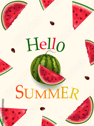 Hello summer.  set of greeting card lettering design with colorful watermelon fruit.