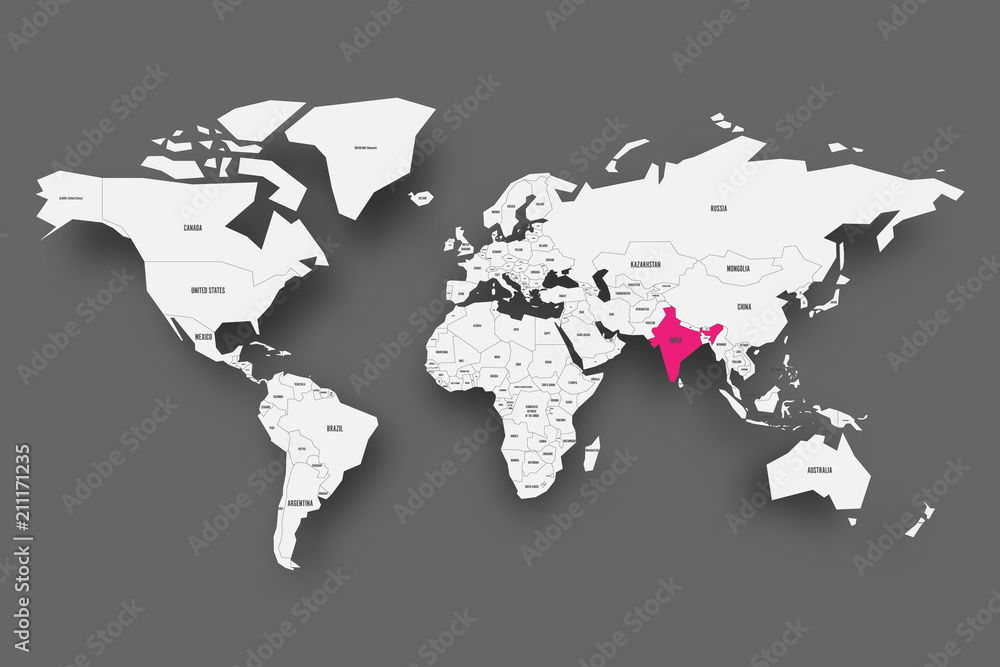 India pink highlighted in map of World. Light grey simplified map with dropped shadow on dark grey background. Vector illustration. India pink highlighted in map of World. Light grey simplified map with dropped shadow on dark grey background. Vector illustration.