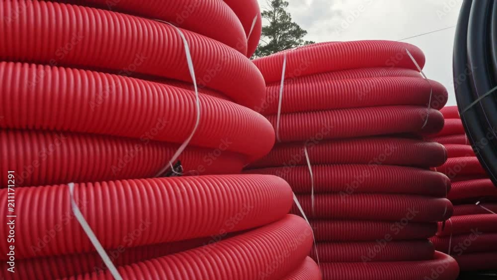 Warehouse of finished plastic pipes industrial outdoors storage site