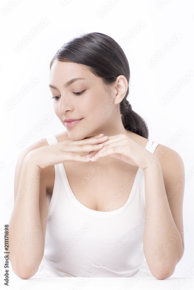 beautiful young caucasian woman with dark long hair being half naked, laughing, looking in camera with delight and happy face expression. Beauty and health. beautiful young caucasian woman with dark long hair being half naked, laughing, looking in camera with delight and happy face expression. Beauty and health.