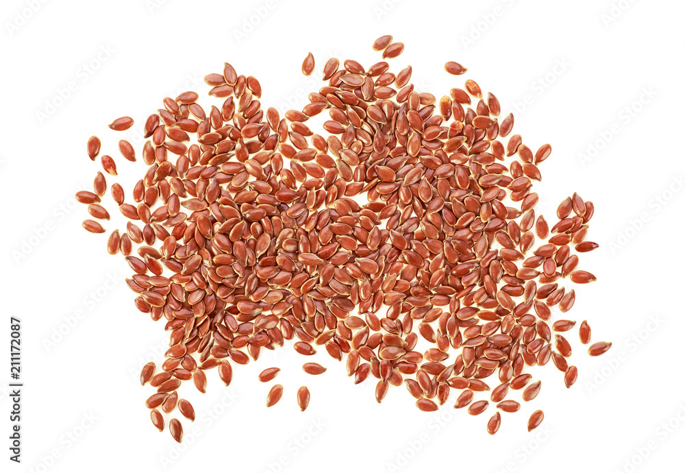Pile of flax seeds on white background, top view. Linseeds. Pile of flax seeds on white background, top view. Linseeds.
