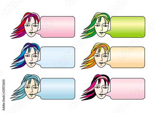 Icon for text. The woman is speaking the text. 6 variants in different colors. Vector graphics.