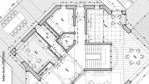 Obraz wektorowy plan architektoniczny - abstrakcyjny plan architektoniczny nowoczesnego budynku mieszkalnego / technologii, przemysłu, ilustracji koncepcji biznesowej: nieruchomości, budownictwa, budownictwa i architektury