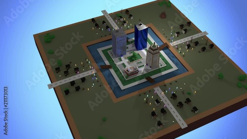 Zoom out on a bustling lowpoly 3d city surrounded by suburbs photo