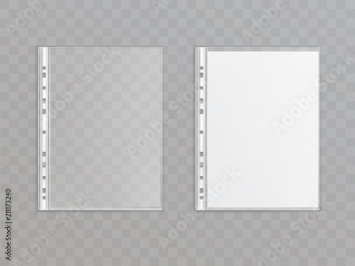 Vector 3d realistic translucent punched pocket isolated on transparent background. Office stationery for copies, portfolio - plastic wallet. Sheet protector for a4 paper. Template, mock up
