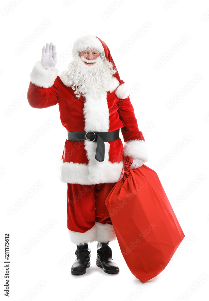 Authentic Santa Claus with red bag full of gifts on white background Authentic Santa Claus with red bag full of gifts on white background