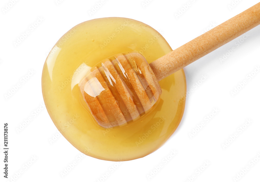 Delicious honey and dipper on white background, top view Delicious honey and dipper on white background, top view
