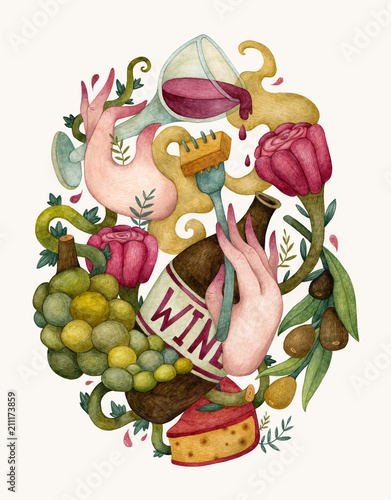 Food illustration with a bottle of wine, grape, cheese and roses