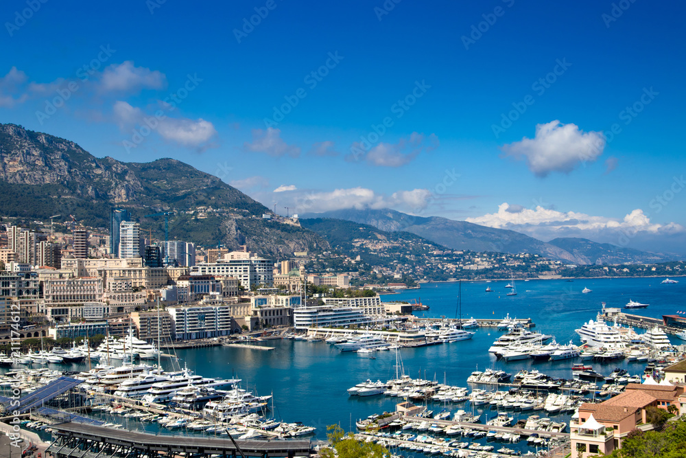 Monaco Monte Carlo sea view with yachts in the sunny day.