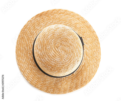 Stylish summer hat on white background, top view