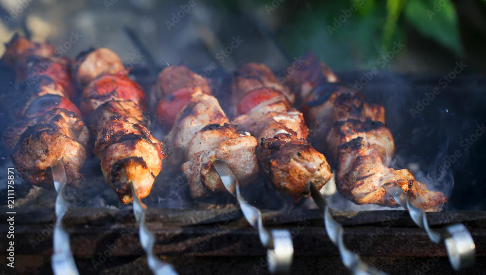Meat And Vegetable Kebabs On The Hot BBQ Grill. Flaming Charcoal In The Background. Snack For Outdoor Summer Barbeque Party. Meat And Vegetable Kebabs On The Hot BBQ Grill. Flaming Charcoal In The Background. Snack For Outdoor Summer Barbeque Party.