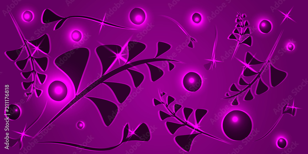 Vector pattern from black lilac vegetative elements on a violet