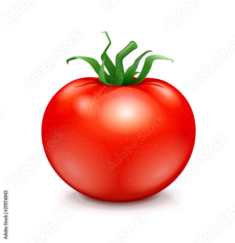 Fresh red ripe tomato with green leaf. Vegetarian vegetable
