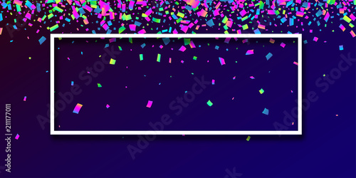 Blue festive background with colorful confetti.