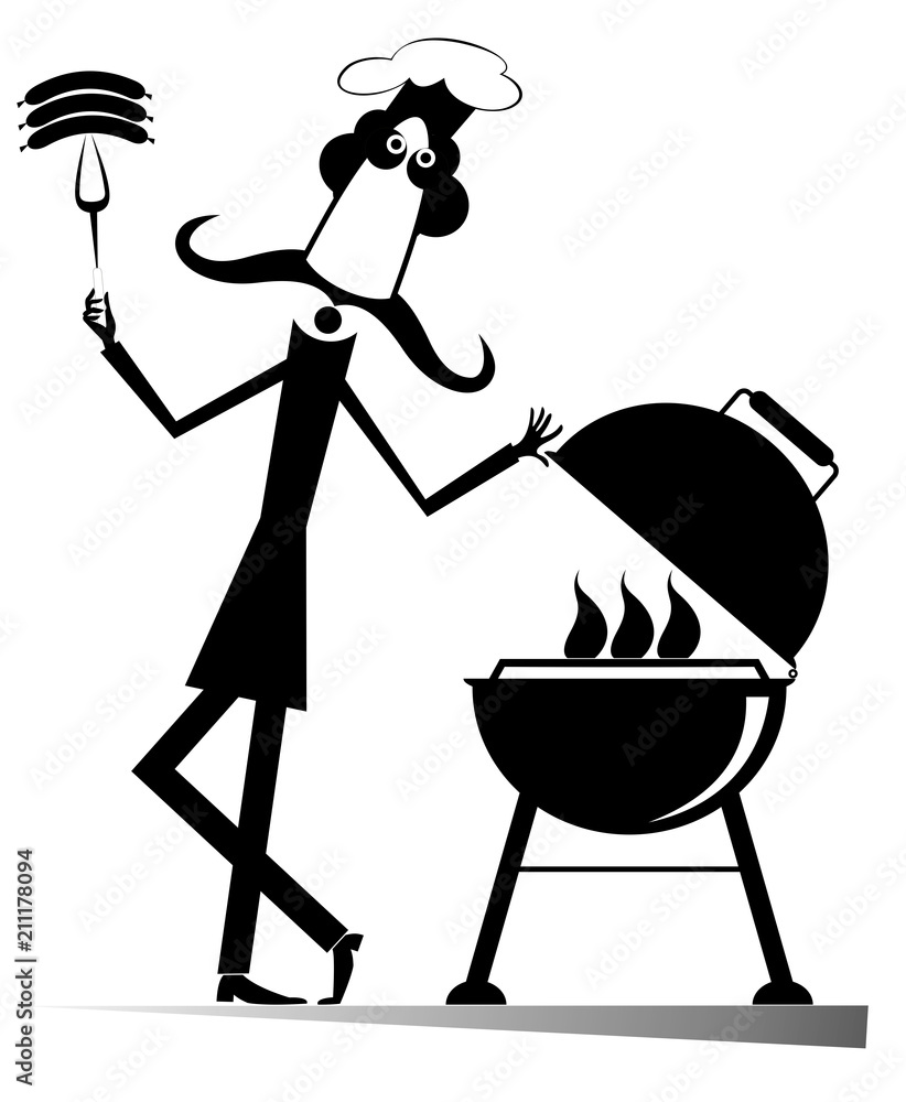Obraz Wąs komiks kucharz na białym tle ilustracja. Komiks wąsy długo gotować smażąc kiełbaski i steki na grill czarny na białym ilustracji