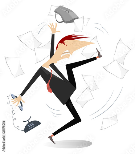 Angry businessman isolated illustration. Angry and upset man throws about papers, bag and telephone isolated on white illustration
