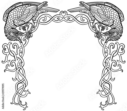 Vector illustration of two ravens gothic Celtic knot frame black and white