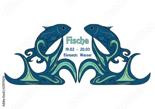 Design: Sternzeichen Fische, Text in deutsch: Fische, Datum, Element:Wasser. Vektorgrafik Eps10