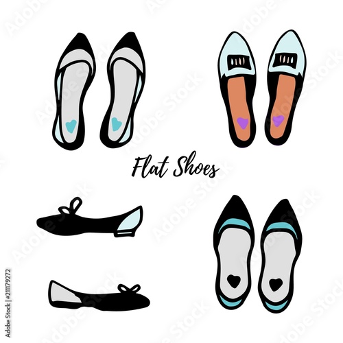 Colored ink sketch. Women's shoes collection: flats. Vector illustration