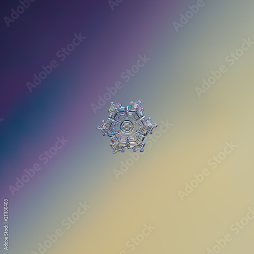 Snowflake glittering on gradient background. Macro photo of real snow crystal: small sectored plate with glossy surface, relief central hexagon, six broad arms and complex inner pattern. photo