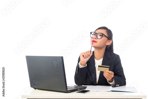 Businesswoman in suit holding showing business smart card isolated on white background.