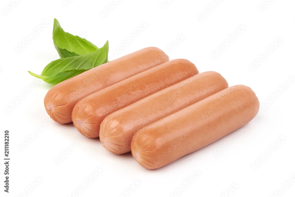 Fresh boiled sausages with herbs isolated on white background. Close-up. Fresh boiled sausages with herbs isolated on white background. Close-up.