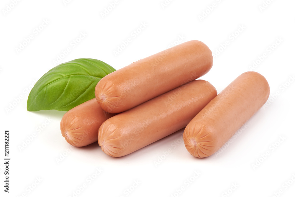 Fresh boiled sausages with herbs isolated on white background. Close-up. Fresh boiled sausages with herbs isolated on white background. Close-up.