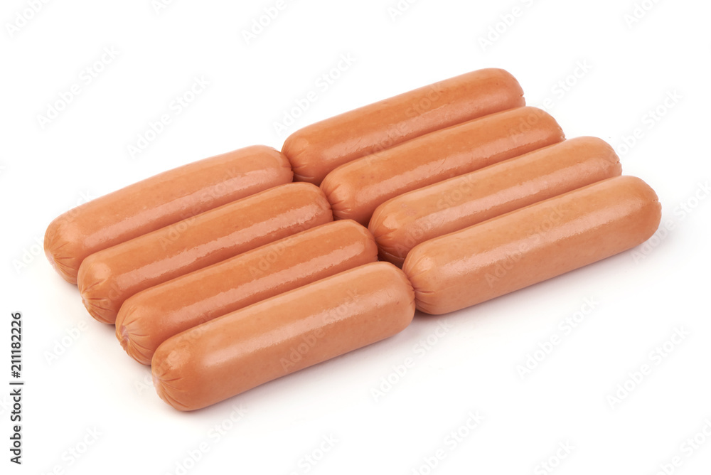 Fresh boiled sausages, isolated on white background. Close-up. Fresh boiled sausages, isolated on white background. Close-up.
