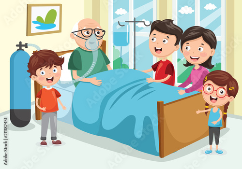 Vector Illustration Of Family Visit Grandfather At Hospital