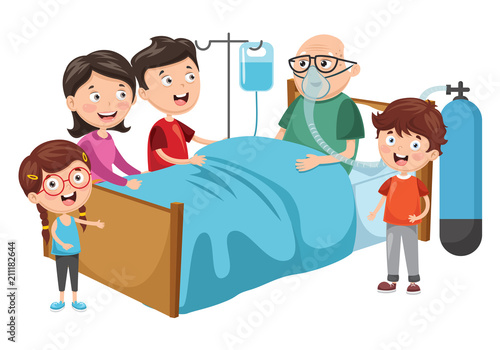 Vector Illustration Of Family Visit Grandfather At Hospital
