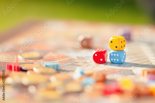 Close up: dices at the table with Board game.