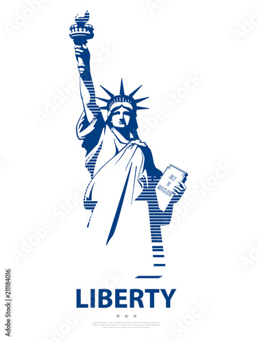 Statue of Liberty USA, poster. Blue Linear Picture. National Symbol of America. Illustration, white, background. Use presentations, corporate reports, text, emblems, labels, logo, stripes, vector