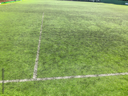 White line on a soccer field with green grass. Close up shot