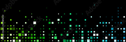 Black banner with colorful geometric pattern.