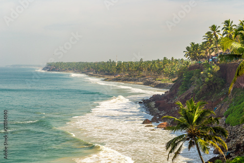 Nice view of Varkala beach from the top of the cliff also known as Papanasham Beach,  Thiruvananthapuram, Kerala, India
