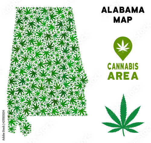 Cannabis Alabama State map collage of marijuana leaves. Narcotic distribution concept. Vector Alabama State map is composed of green grass leaves. Abstract geographic scheme in green color hues.