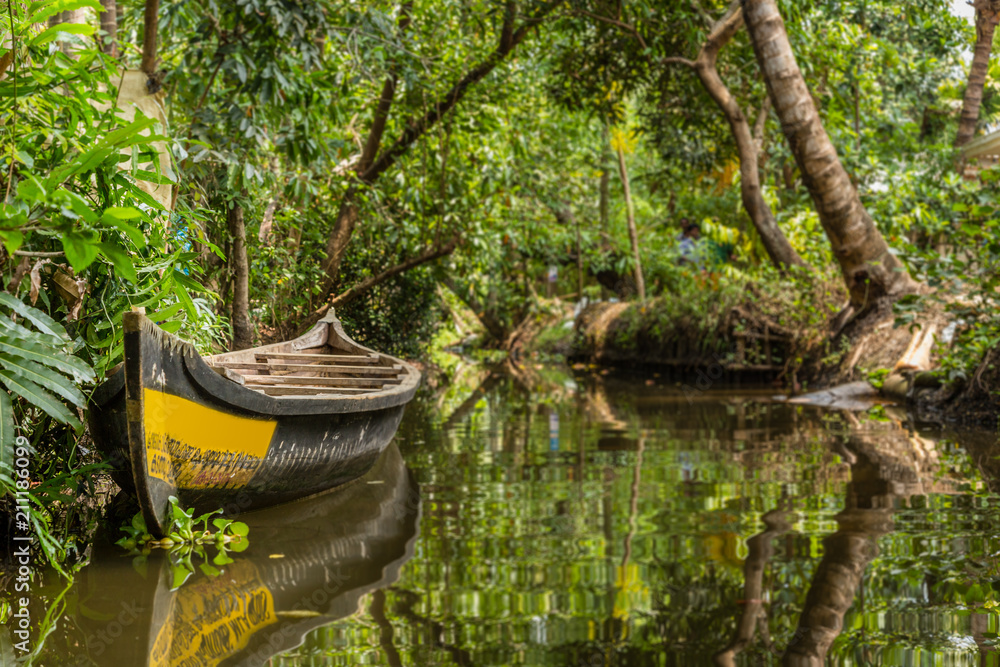 Boat floating on a canal, backwaters, Allepey, Kerala, India