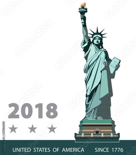 Statue of Liberty USA, 2018,poster.Green Linear Picture.National Symbol of America. Illustration, white, background. Use presentations,corporate reports, text, emblems, labels,logo, inscription,vector