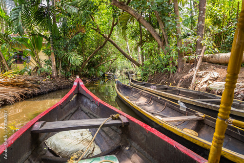 Boat riding trough the canals view, Allepey backwaters, Kerala, India